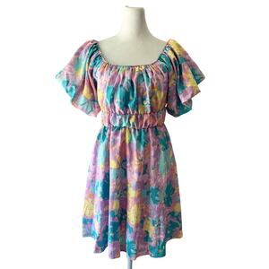 Peach Love California Pastel Abstract Print Square Neck Puff Sleeve Mini Dress